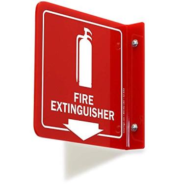 Imagem de SmartSign Placa de projeção "Extintor de incêndio", extintor de incêndio com seta para baixo, à base de decalque, furos de montagem pré-perfurados | 15,24 cm x 15,24 cm acrílico polido