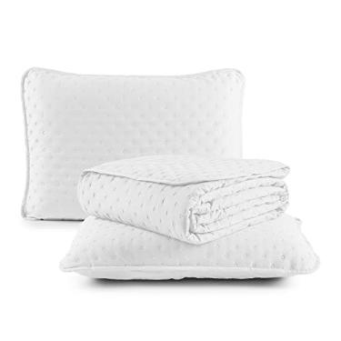 Imagem de Kit Cobre Leito Colcha Queen 3 Peças Matelado Dots Dupla Face 300 Fios Com Porta Travesseiro (Branco)