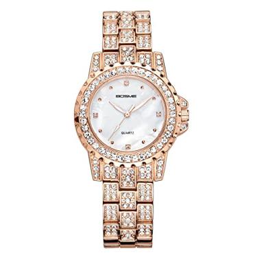 Imagem de Lancardo Relógio de pulso feminino de luxo cheio com cristais brilhantes rosto redondo ouro rosa pulseira quartzo analógico negócios casual vestido relógio de pulso, Estilo B
