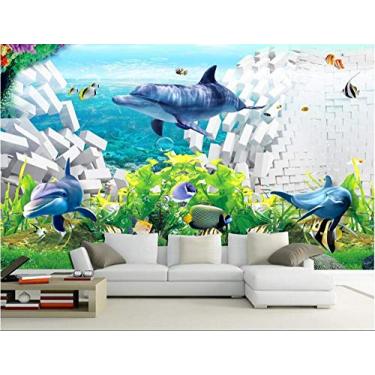 Imagem de Papel de parede de quarto 3D personalizado Mural Peixe Mural Golfinho para quebrar o fundo da parede Pintura de sala de estar Foto Papel de parede para paredes 3 D 300 cm (C) × 210 cm (A)