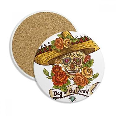 Imagem de Caneca Sombrero Suger Crânio México Dia dos Mortos Porta-copos Caneca de proteção de mesa Pedra absorvente