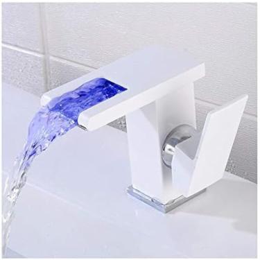 Imagem de Torneira Para Pia De Banheiro LED Torneira Tipo Cascata Com Água Fria E Quente Com Furo Único E Alça Única Torneira Misturadora De Latão Para Lavatório, Branca,YUYANAIAI
