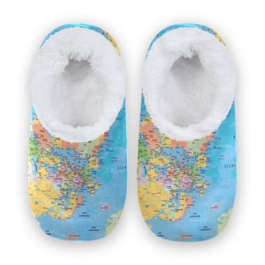 Imagem de CHIFIGNO Chinelos de casa com padrão de boneco de neve de inverno legal para mulheres, chinelos masculinos tamanho 9, chinelos femininos para dormir M-XXL, Pintura de Mapa Mundial, Large
