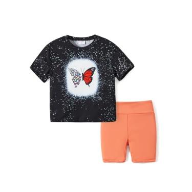 Imagem de PATPAT Conjunto de 2 peças de roupas para crianças meninas camiseta de manga curta top e estampa estampa ciclista shorts roupas de verão, Laranja (Midnight Orange), 11-12 Anos