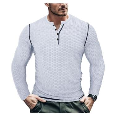 Imagem de Camisetas masculinas manga comprida slim fit esportes Henley camisetas respiráveis fitness cor sólida, Branco, P