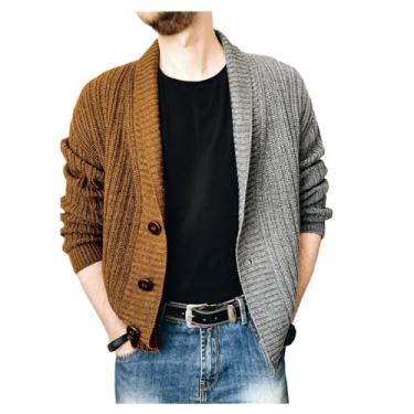 Imagem de Cardigã masculino cor contrastante, suéter de manga comprida, gola xale, botões, blusas soltas, Marrom-escuro, XG