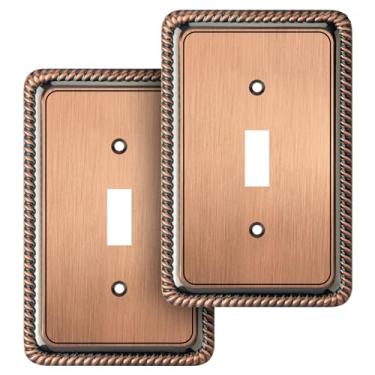 Imagem de Placa decorativa de parede com borda de corda, tampa de tomada de placa de interruptor, bronze envelhecido (interruptor único, pacote com 2 unidades, cobre antigo)