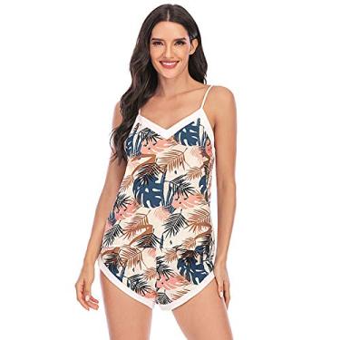 Imagem de LUZBOSE Conjunto de pijama feminino com suspensórios, conjunto de duas peças, roupa caseira, verão, estampado, pijama (2GG, bege)