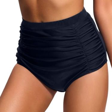Imagem de Lainuyoah Calcinha de biquíni feminina cintura alta com controle de barriga franzida cor sólida moderna calcinha tanga de praia, D - Azul-marinho, P