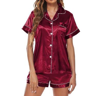 Imagem de Aniywn Pijama feminino de seda macio, manga curta, conjunto de pijama de cetim e short de 2 peças, conjunto de pijama curto macio, A2 - vermelho, XX-Large