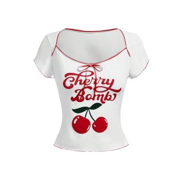Imagem de Floerns Camisetas femininas com estampa de cereja e manga curta, gola quadrada, acabamento de alface, Branco, G