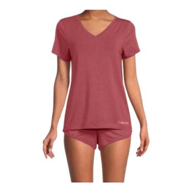 Imagem de Calvin Klein Conjunto de camiseta e shorts femininos confortáveis com decote em V, Vermelho, GG