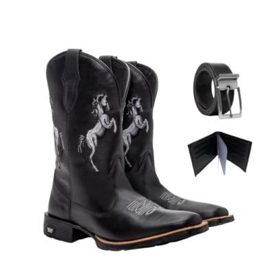 Imagem de Kit Bota Texana Masculina Couro Country Casual Campo Preta Horse com Carteira e Cinto Tamanho:41;Cor:Preto;Gênero:Mascul