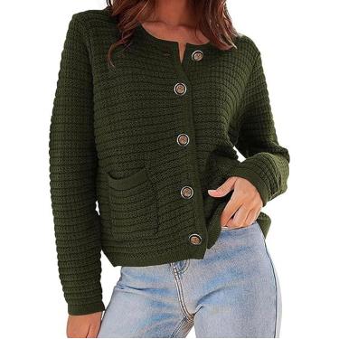 Imagem de Feminino outono e inverno cor sólida em torno do pescoço de malha commuter retro casual cardigan manga longa seção curta feminina, verde escuro, s