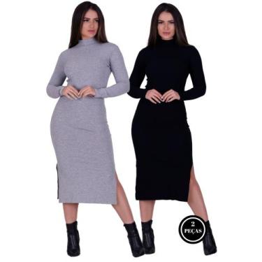 Imagem de Kit 2 Vestidos Básicos Canelados Com Fenda Gola Moda Inverno - BY TINA