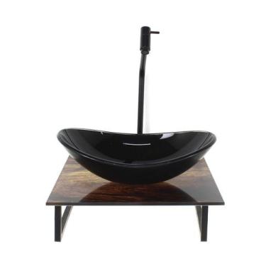 Imagem de Kit cuba de vidro oval 10mm com tampo de vidro 40cm x 40cm madeira rus