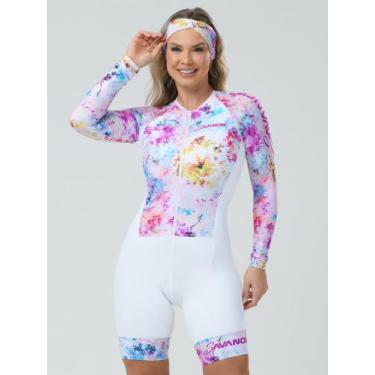 Imagem de Macaquinho De Ciclismo Feminino Manga Longa Aquarela Flowers Savancini