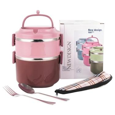 Imagem de Lancheira de aço inoxidável 304 com função de vedação, cesta de combinação de múltiplas camadas para piquenique (rosa, 2 camadas)