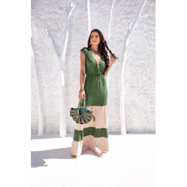 Imagem de Vestido Longo Decote Transpassado Saia Bicolor - luh may, Verde, M