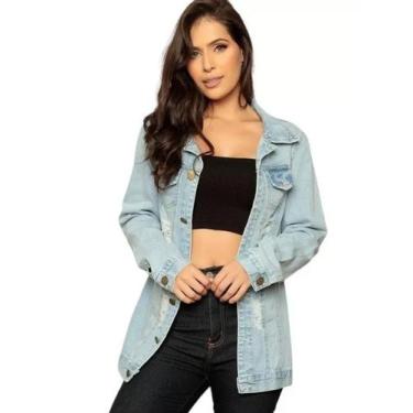 Imagem de Maxi Jaqueta Jeans Feminina Detalhe Rasgadinho com barra - ag acessori