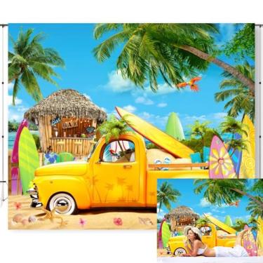Imagem de Caaerttply Pano de fundo de verão praia praia havaiana amarelo carro prancha de surf pano de fundo para fotografia 3 x 2,4 m tropical palmeira praia festa decorações de aniversário crianças adultos