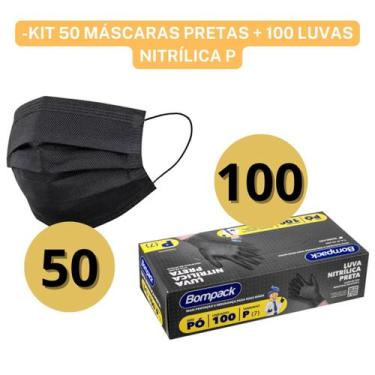 Imagem de Kit 50 Máscaras Tripla Proteção Antibactéria + 100 Luvas Pretas Nitríl