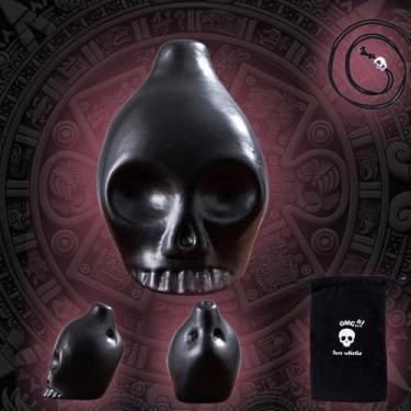 Imagem de Apito da morte asteca assustador apito de grito humano alto apito de guerra, decibéis altos apito asteca com som humano autêntico para formato de crânio, presente assustador de Halloween (preto)