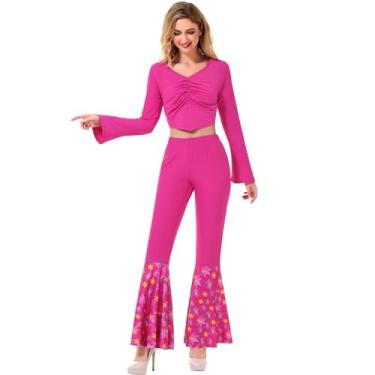 Imagem de Fantasia de discoteca dos anos 70 anos 80, roupas hippie para mulheres, fantasia hippie, rosa, calça flare, Halloween, cosplay, rosa, M