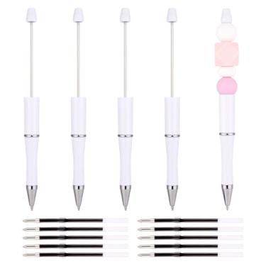 Imagem de Craftdady 5 canetas de plástico com contas, canetas esferográficas brancas DIY com eixo de refil de caneta, canetas de contas de tinta preta, faça-você-mesmo, canetas criativas para estudantes,