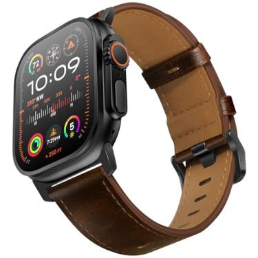 Imagem de UUPWPOKT Pulseira masculina de couro genuíno para Apple Watch Ultra séries 10, 9, 8, 7, 6, 5, 4, 3, 2 e 1 de 49 mm, 46 mm, 45 mm, 44 mm e 42 mm, marrom escuro/preto