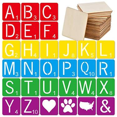 Imagem de Letras de estêncil de azulejos estilo Scrabble de 30 peças com 50 peças de madeira quadrada inacabada 10 cm para decoração de casa e projetos faça você mesmo, pintura de nomes de família, escrita, arte de decoração de parede de azulejos, adereços de foto