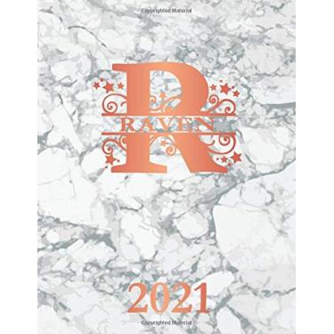 Imagem de Raven: 2021. Personalized Name Weekly Planner Diary 2021. Monogram Letter R Notebook Planner. White Marble & Rose Gold Cover. Datebook Calendar Schedule