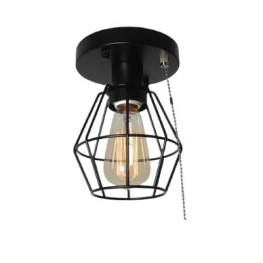 Imagem de Baiwaiz Luminária De Teto Em Gaiola De Arame De Metal Preto Com Corrente De Puxar, Luminária De Teto Semi-Embutida Industrial Moderna De 1 Luz, Pequena Corda De Puxar, Luminária De Teto Para Varanda