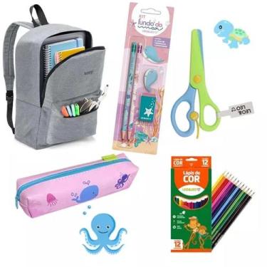 Imagem de Kit Material Escolar Fundo Do Mar 7 Itens Com Mochila - Leo & leo