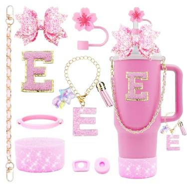 Imagem de 9 peças de acessórios de copo Stanley Bling para copo de 850 g e copo de 1134 g com alça, incluindo pingentes de iniciais, alça de couro, decoração de laço de palha, capa de cobertura de palha, bota