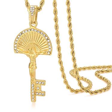 Imagem de ROWIN&CO Colar clássico banhado a ouro 18 K com cruz de crucifixo de Jesus e cruz CZ Hip Hop para homens e mulheres joias cristãs para batismo cristão, corrente de 60,96 cm, Metal, Zircônia cúbica