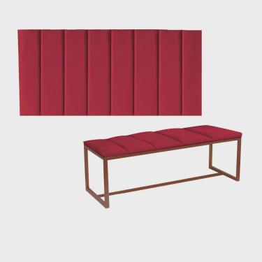 Imagem de Kit Painel Carla e Recamier Industrial 160cm Queen Size Box Ferro Bronze Corino Vermelho - Ahz Móveis