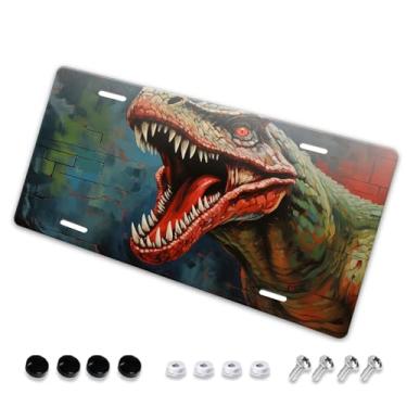 Imagem de Capa de placa de carro multicolorida elegante 3D de parede de dinossauro - etiqueta de carro de alumínio artística, à prova de ferrugem, design exclusivo - 15 x 30 cm