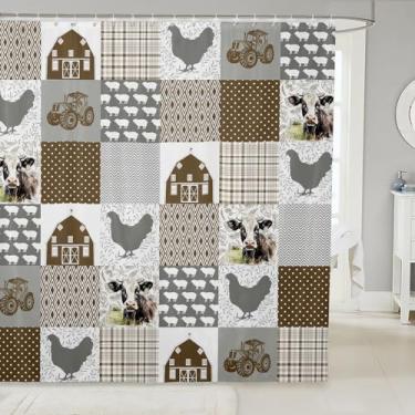 Imagem de Cortina de banho rústica para casa de fazenda, vaca leiteira, galinha, porco, animais, celeiro, para crianças, meninos, cortina marrom com geometria abstrata à prova d'água com ganchos para barracas