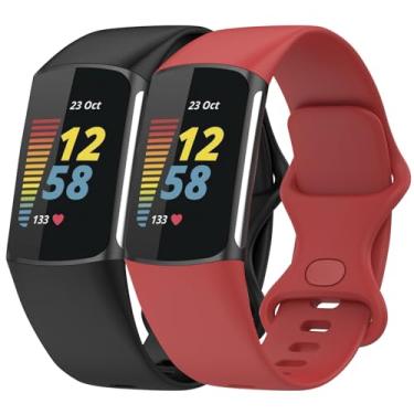 Imagem de Anuoli Pacote com 2 pulseiras compatíveis com Fitbit Charge 6 Charge 5, pulseira de substituição de silicone macio para mulheres e homens (preto_vermelho, grande (18 cm a 23 cm)