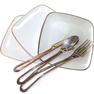 Imagem de Kit Festa 12 Pratos Quadrado Acrílico Rosê + 36 Talhares - Aidan