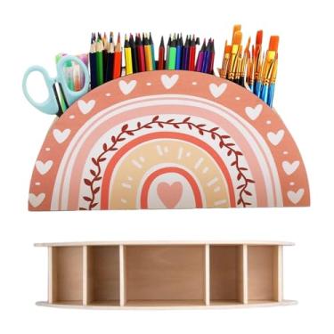 Imagem de Porta-lápis para mesa, organizador de mesa infantil de madeira com 5 compartimentos, organizador de caneta fofo, suporte de giz de cera reutilizável para presentes de mesa de escritório em casa