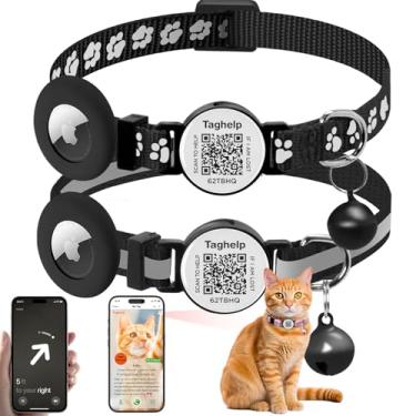 Imagem de 2 coleiras para gatos breakaway com sino fofas e ajustáveis e seguras com pingente que brilha no escuro, coleira para gatos com etiqueta de identificação inteligente e código QR refletivo para GPS