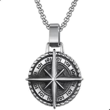 Imagem de Colar Cordão Pingente Bússola Aço Inox Legítimo Corrente Amuleto Martelo Viking Thor Rosa dos Ventos Masculino Feminino (Prata, 60cm)