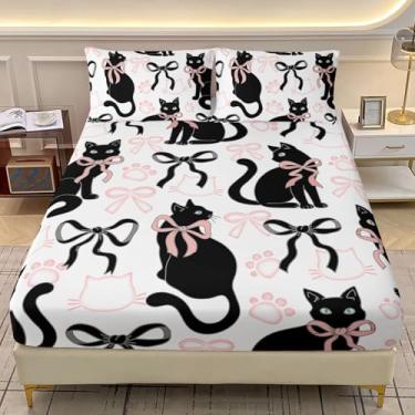 Imagem de AILONEN Jogo de lençol Queen Kawaii com desenho de gato, olhos azuis, gatinho preto, rosa e preto, 3 peças, lençol com elástico e 2 fronhas