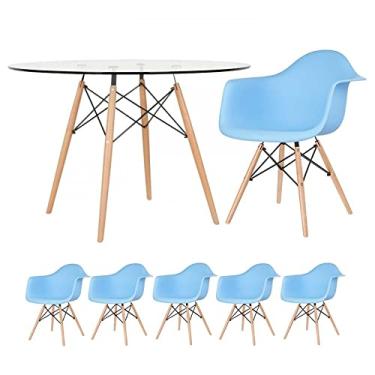 Imagem de Loft7, KIT - Mesa Eames com tampo de vidro 120 cm + 5 cadeiras Eiffel DAW Azul claro