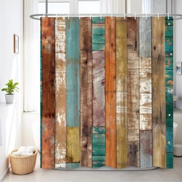 Imagem de Renaiss Cortina de chuveiro marrom rústica de madeira de 182 x 182 cm, cortina de chuveiro rústica para porta de celeiro, vintage, tecido de tábua de madeira, cortinas de banheiro, casa de fazenda
