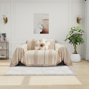 Imagem de DREAMINGO Capa de poltrona de chenille, capa de sofá jacquard lavável, protetor de móveis, capa reclinável para sofá, 1 almofada reversível, bege, café, listrado, cobertor, 180 x 180 cm