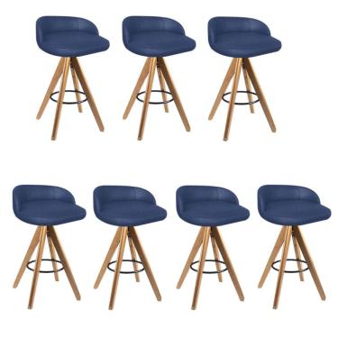 Imagem de Kit 07 Banqueta Alta Com Encosto Bali Base Giratória Madeira Linho Azul Marinho - Amey Decor
