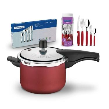 Imagem de Kit - Panela De Pressão 4,5 Vermelha + 1 Faqueiro Vermelho 30pç + 1 Faqueiro Inox 24pç - Tramontina
